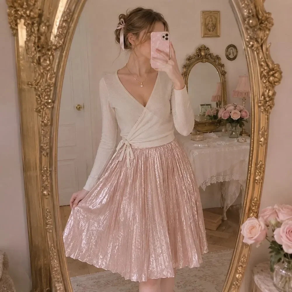 Club Monaco Blush Metallic Pleated Skirt Sz 10 Balletcore Quiet Luxury Coquette - Picture 2 of 10